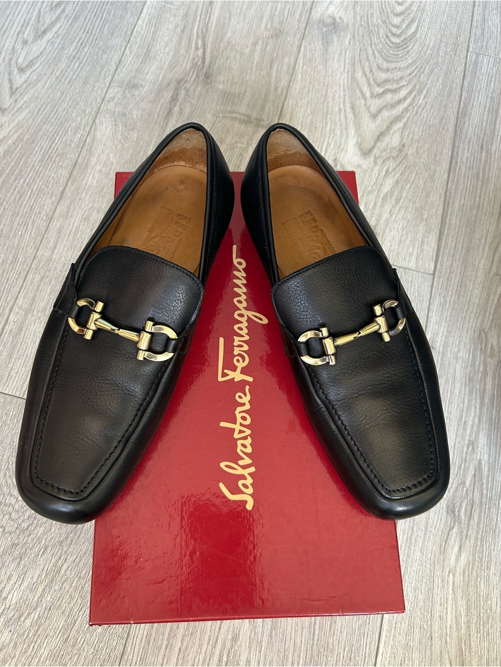 Salvatore Ferragamo Black Leather Bit Loafers with Gold Signature Hardware
